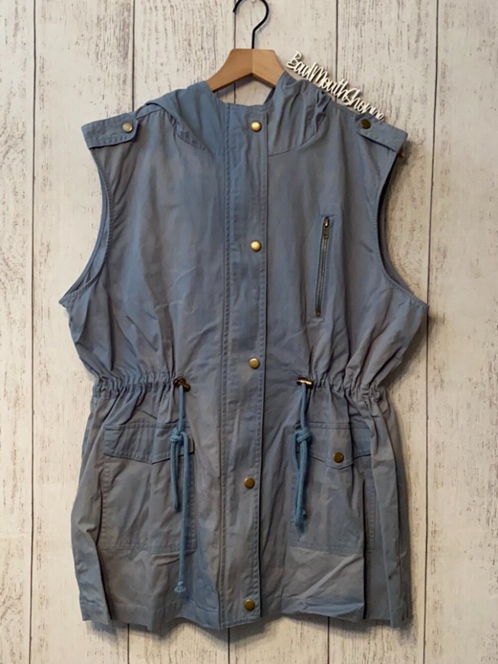 Zenana Outfitters Blue Wash Faded Zip Front Cargo Vest Plus Size 2X